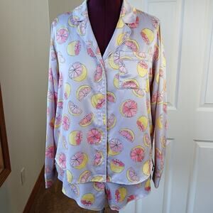 Gilly Hicks Hollister Satin Citrus Fruit Print Sleep Set XL purple LS top shorts
